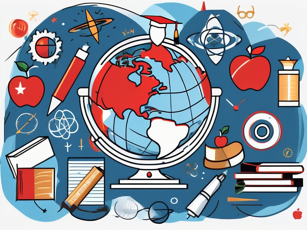 A globe surrounded by various educational symbols like a microscope