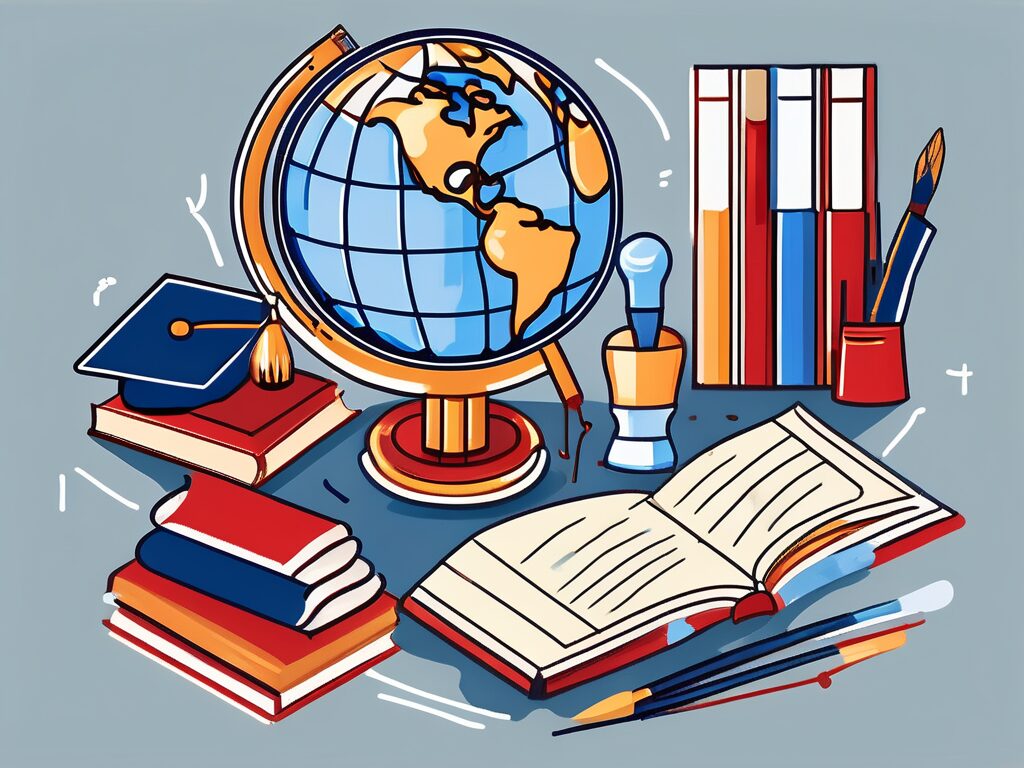 A globe surrounded by various educational tools like books