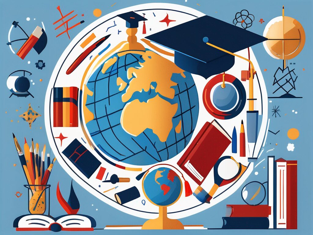 A globe surrounded by various educational symbols like books