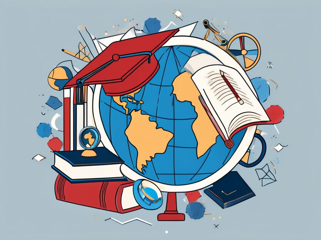 A globe with different school-related symbols like books