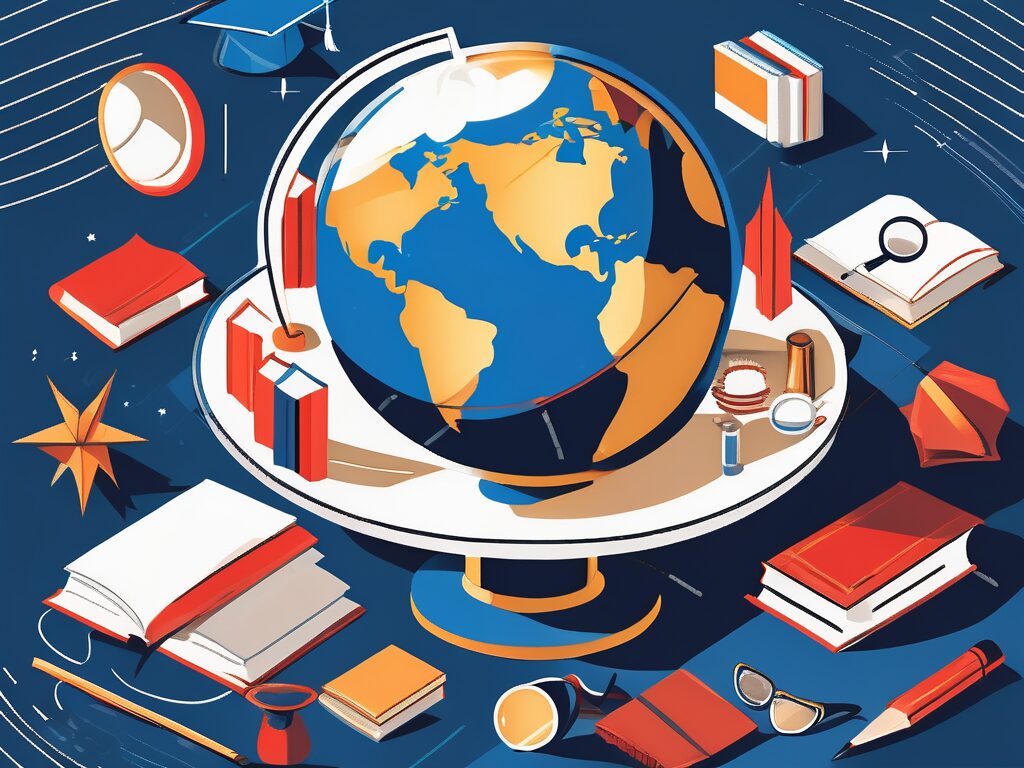 A globe surrounded by various educational symbols like books