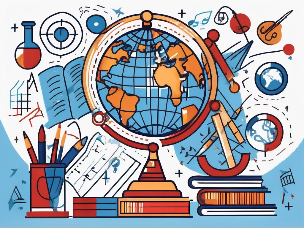 A globe surrounded by various educational symbols like a microscope