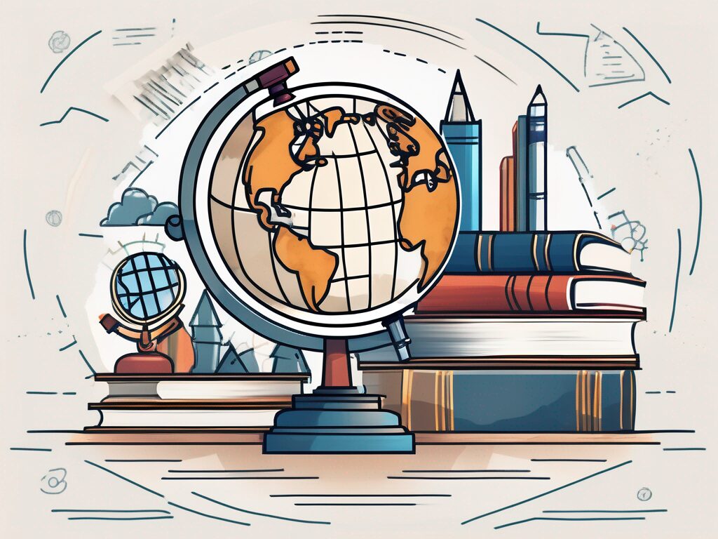 A globe surrounded by various educational tools like books