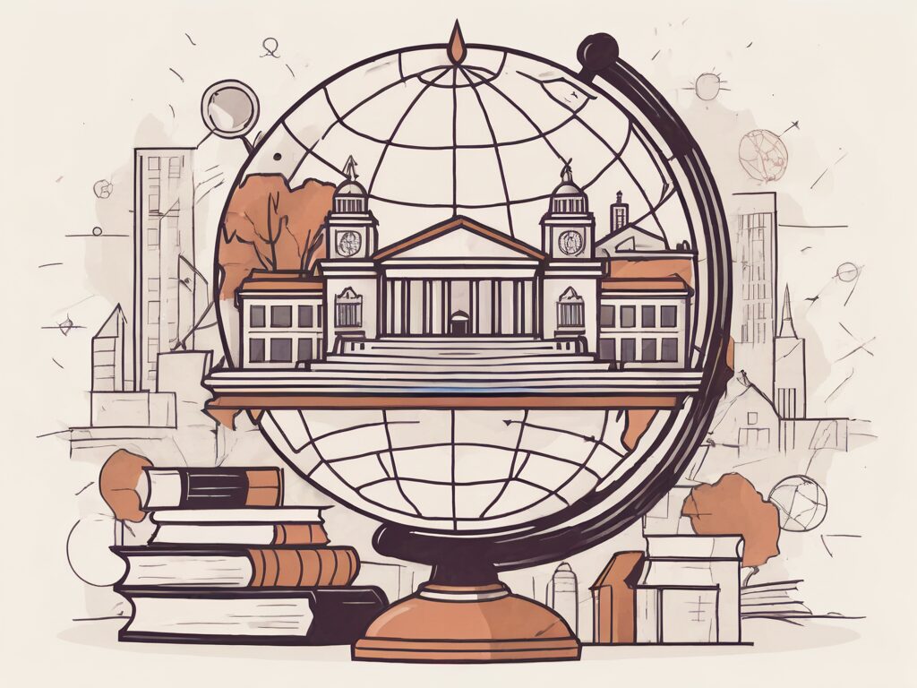 A globe with various iconic international school buildings