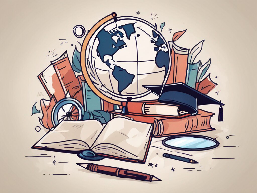 A globe with various educational symbols like books