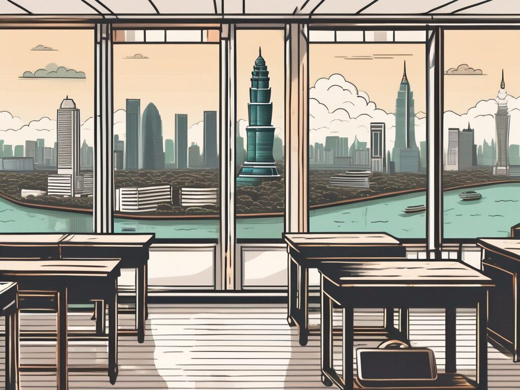 A classroom scene with a view of bangkok's skyline in the background