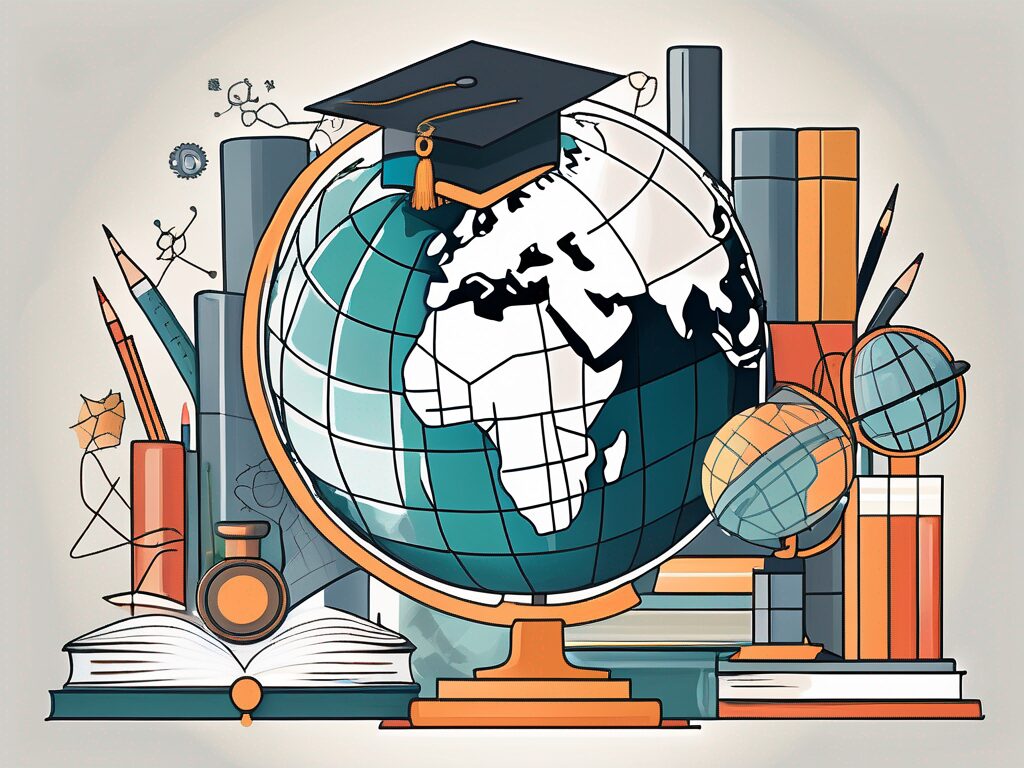 A globe surrounded by various symbols of education such as a graduation cap