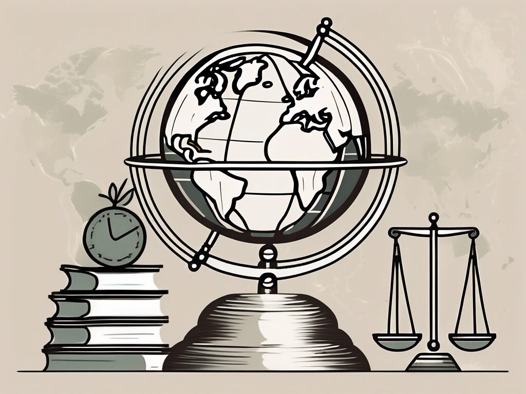 A globe with various international school buildings and a balance scale symbolizing negotiation of contracts and benefits