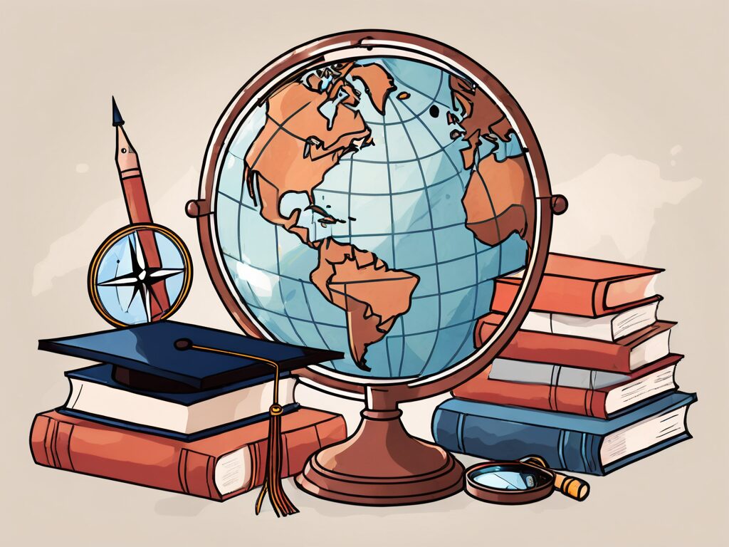 A globe surrounded by various educational tools such as books