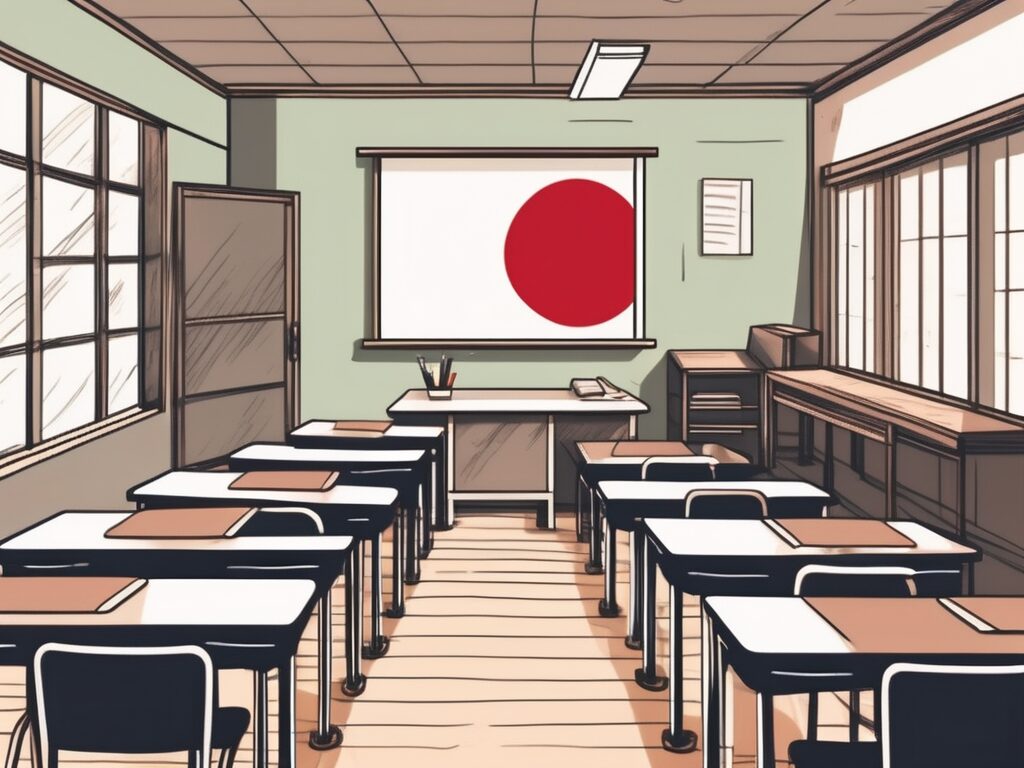 A classroom with empty desks and chairs