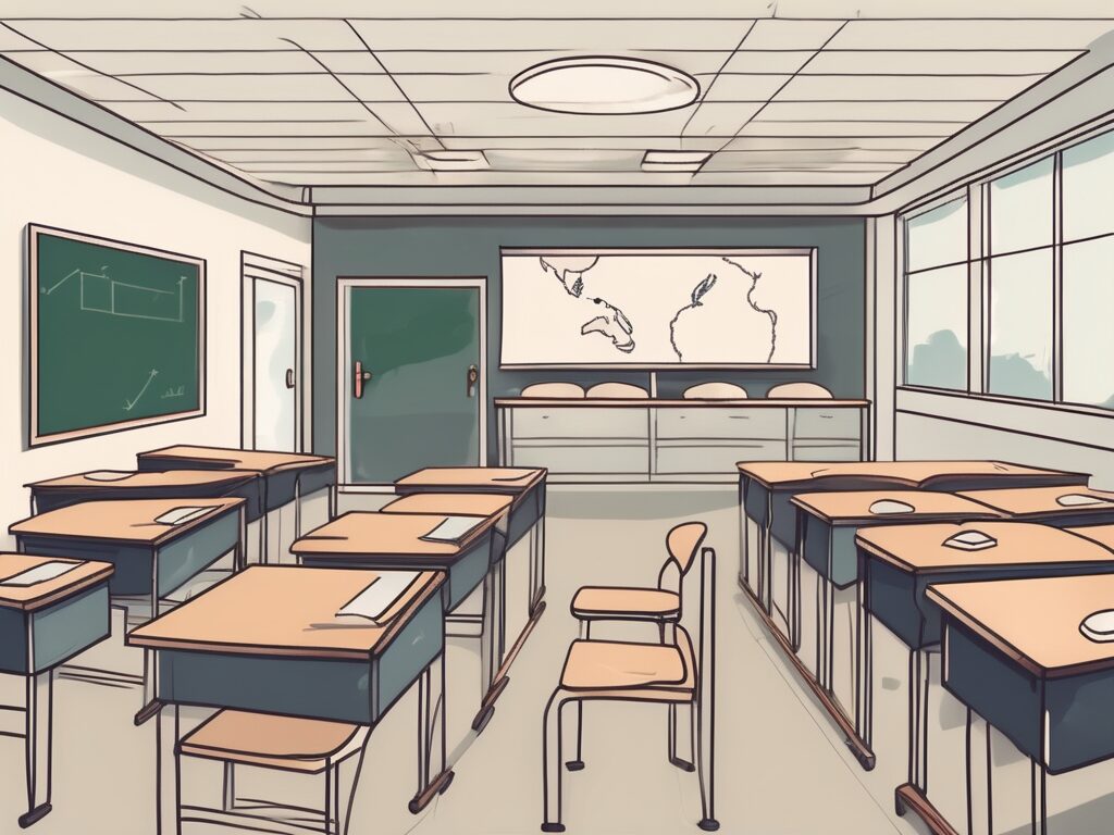 A classroom with empty desks