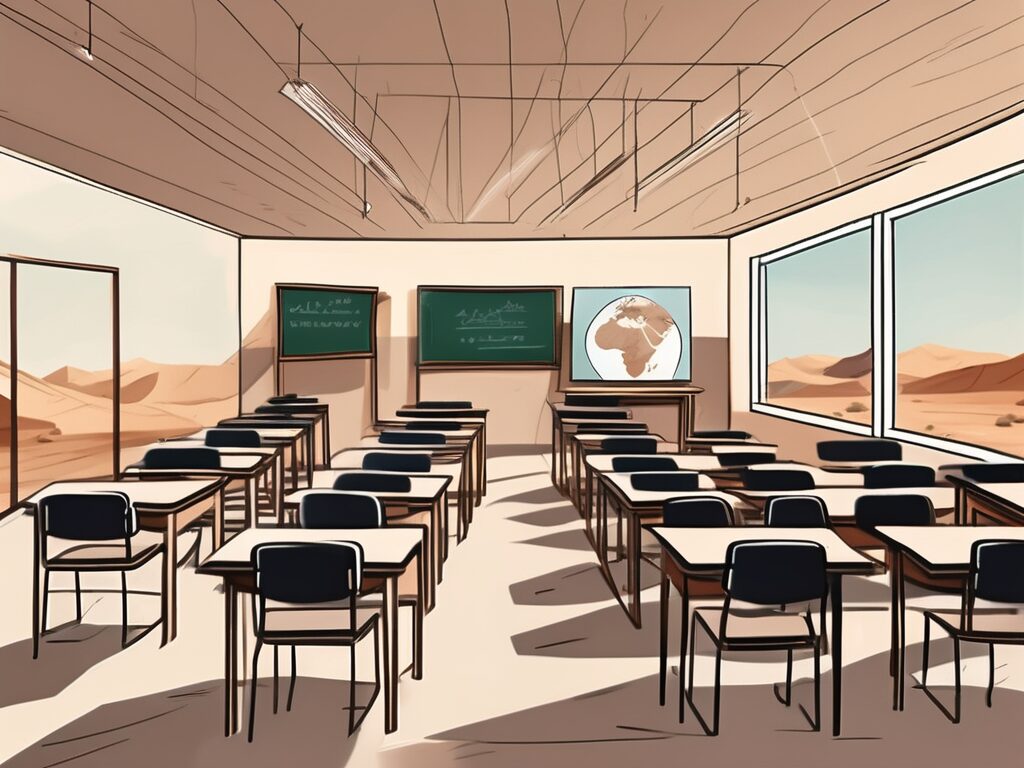 A classroom with empty desks and chairs