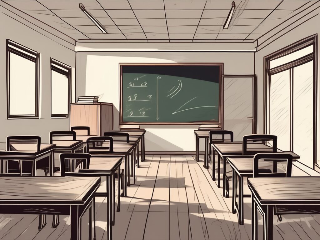 A vietnamese classroom with empty teacher's desks and a chalkboard