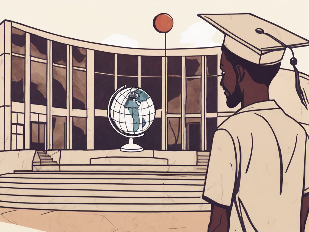 An international school building in ethiopia with a globe and a teacher's cap on the foreground