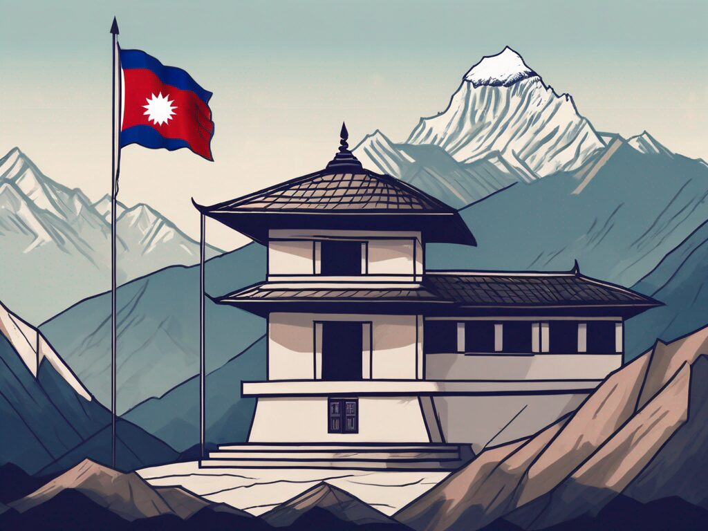 A traditional nepalese school building with an international flag fluttering on its roof