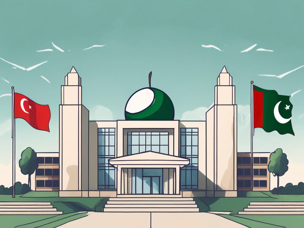 An international school building with a pakistani flag flying high