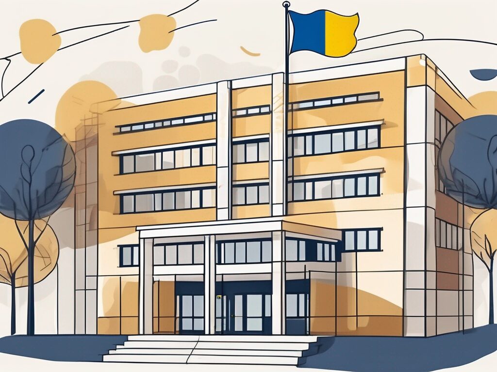 A swedish international school building with the swedish flag flying on top