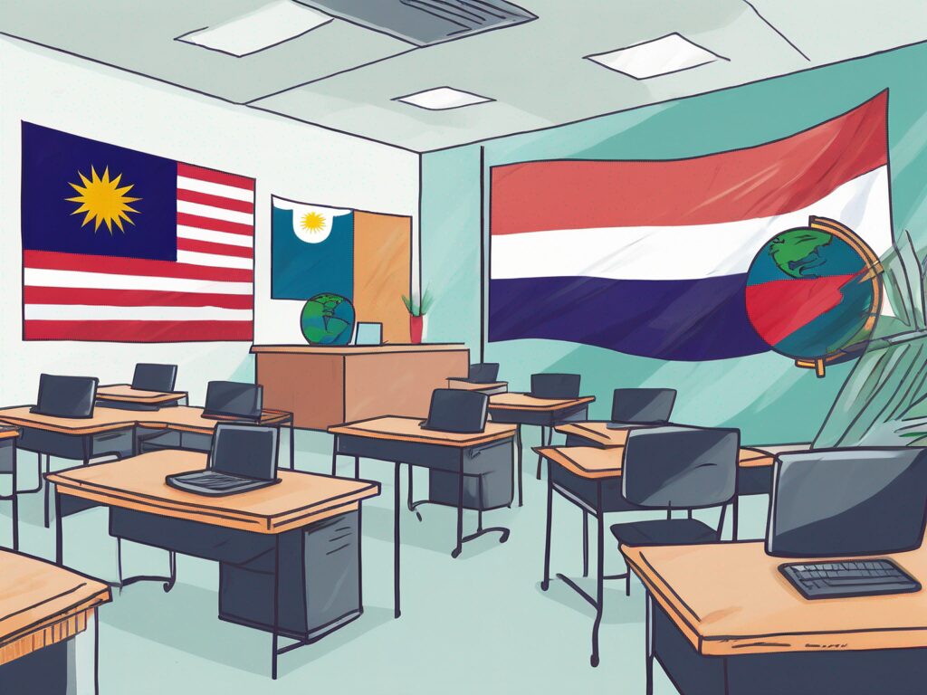 A classroom setting with various international flags