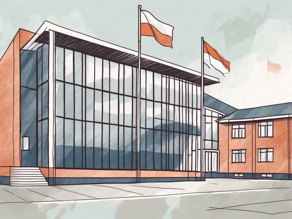 A traditional dutch school building with international flags flying around it