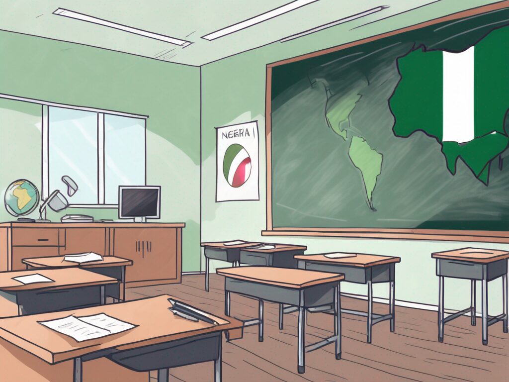 A classroom setting with international flags hanging from the ceiling