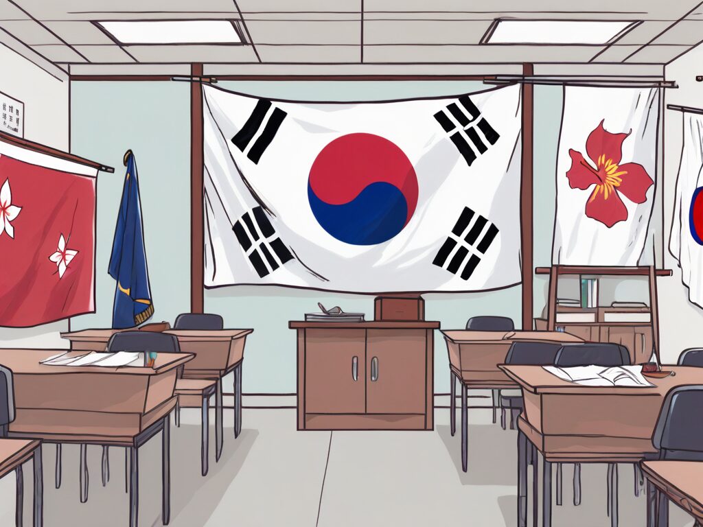 A classroom scene with international flags hanging from the ceiling