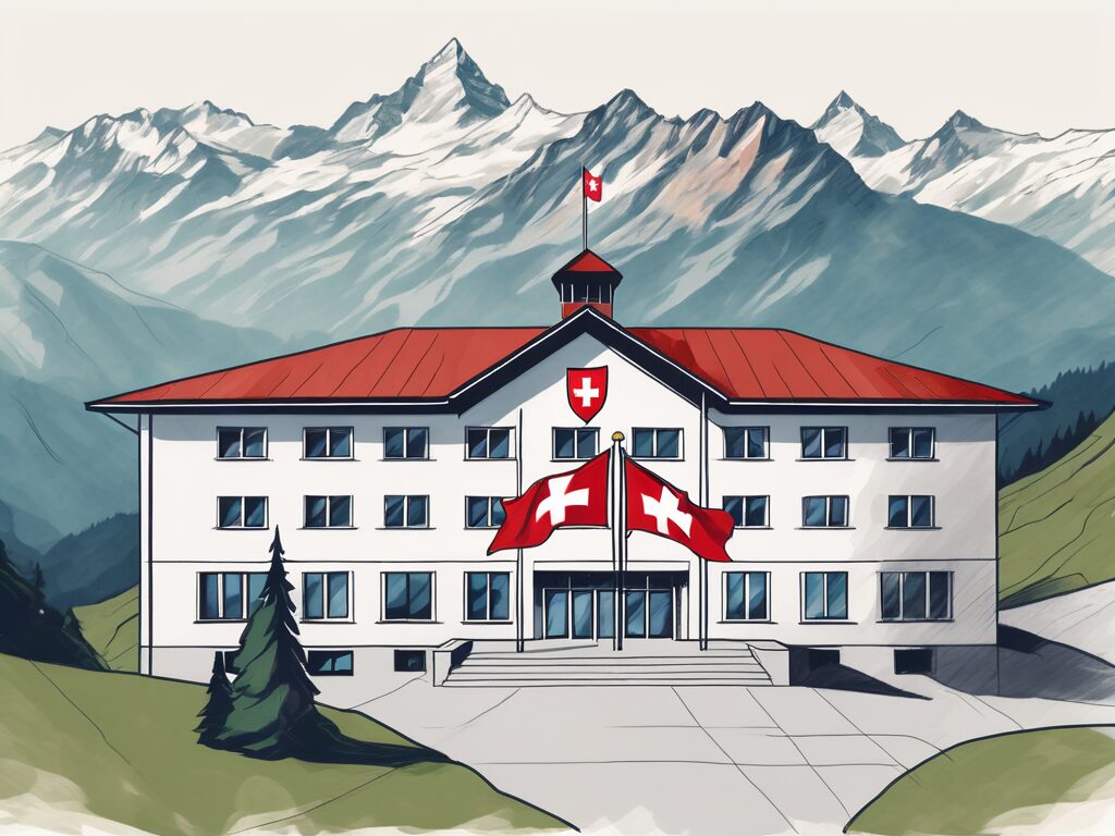 A swiss school building with international flags fluttering around it