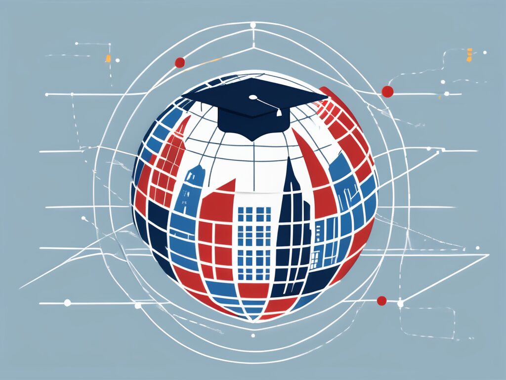 A globe with various international school buildings and a graduation cap symbolizing the ipgce