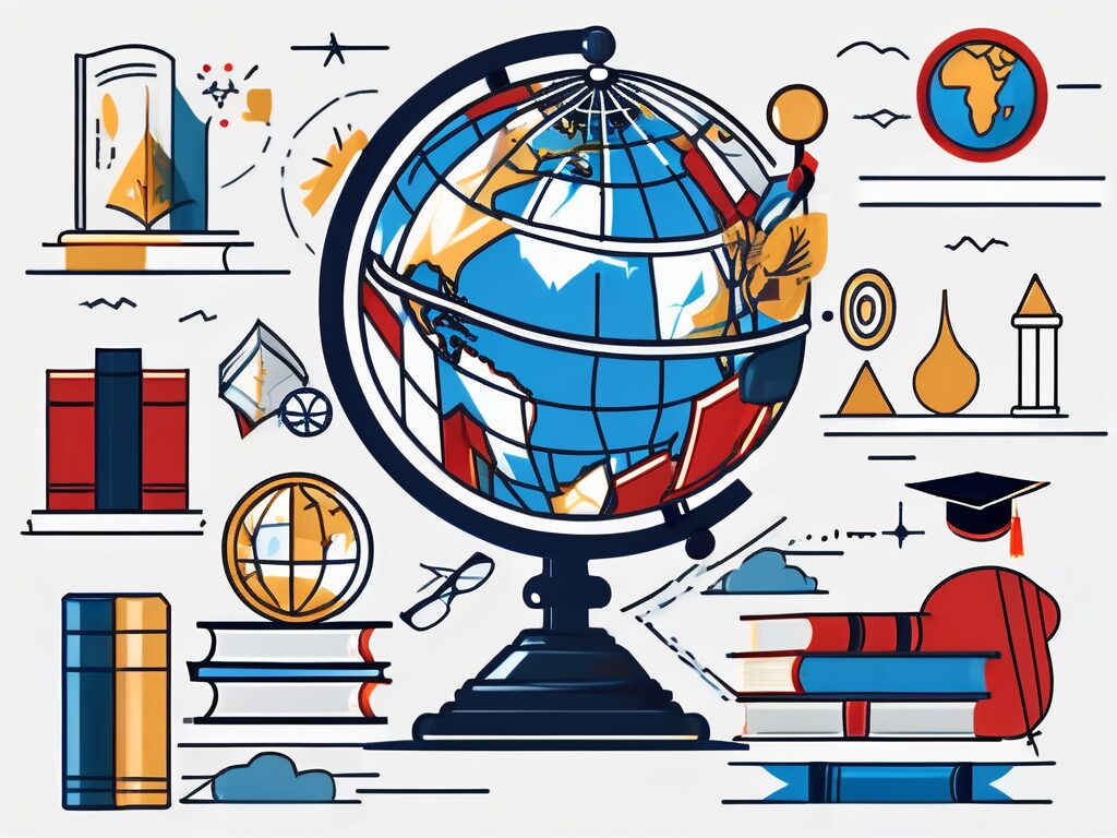 A globe surrounded by various academic symbols like books