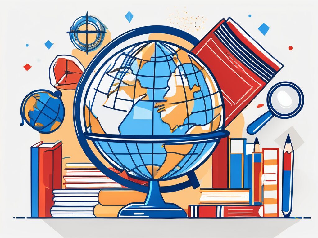 A globe with various school-related symbols such as books