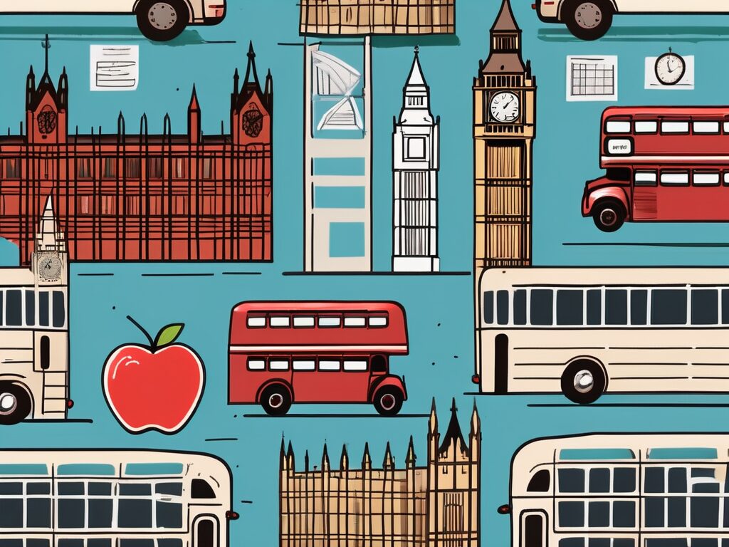 A classroom setting in the uk with iconic british elements like a double-decker bus and big ben in the background