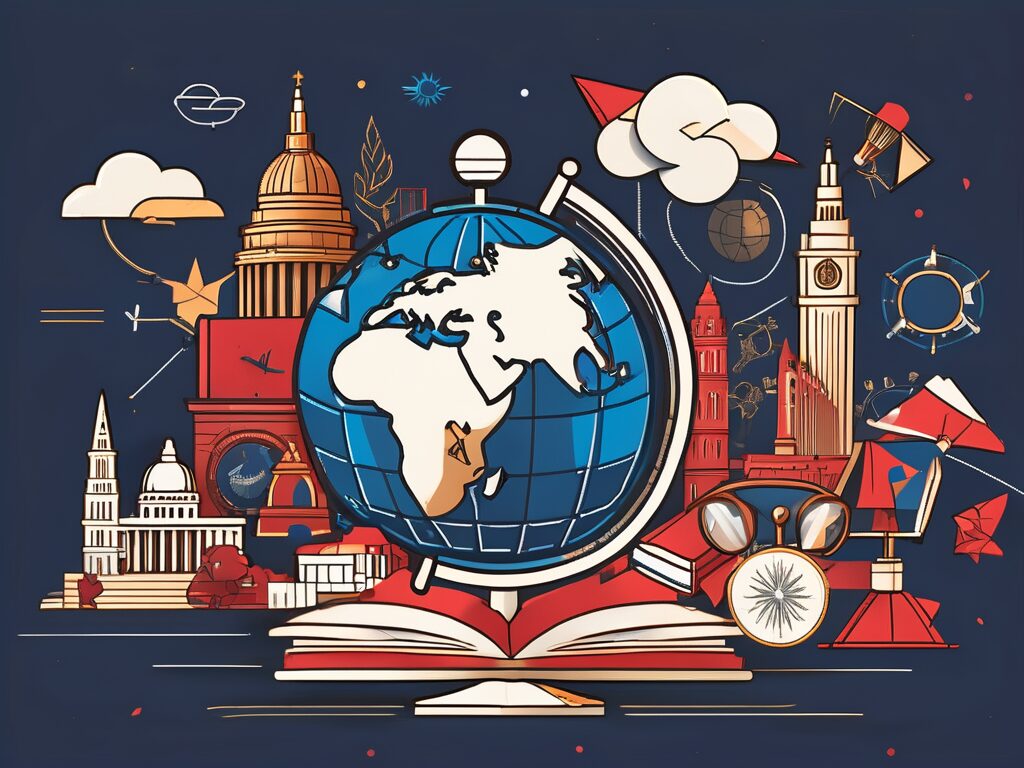 A globe with various iconic landmarks from around the world