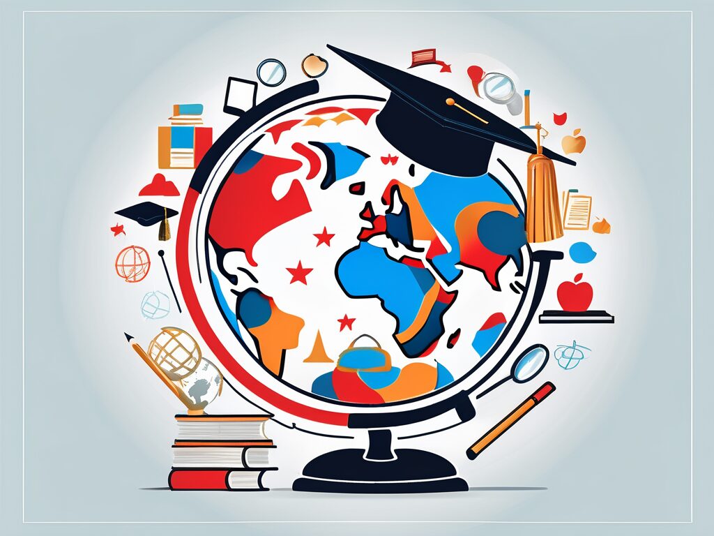 A globe with symbolic icons of teaching tools such as a book