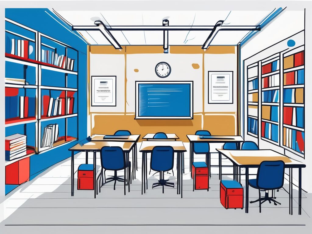 A classroom setting in the uk with various teaching aids and an ipgce certificate prominently displayed on the wall