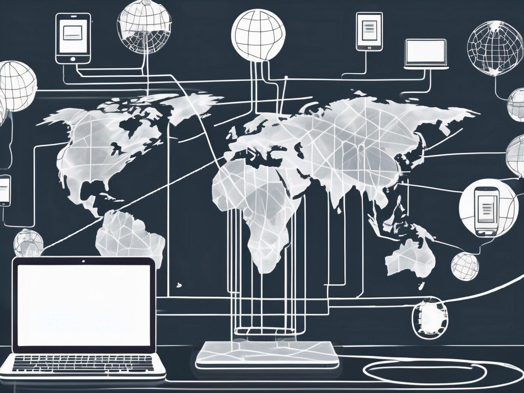 A globe with various digital devices like laptops and tablets connected through visible data streams