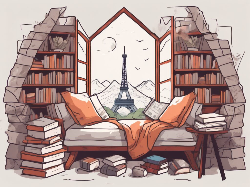 A cozy reading nook with various international elements like the eiffel tower