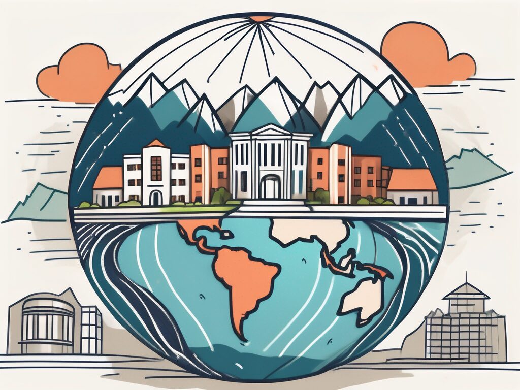 A globe with various international school buildings