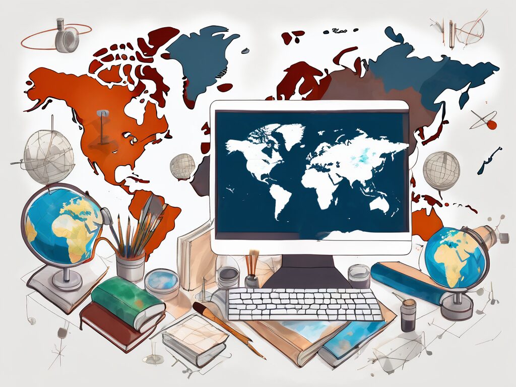 A global map with various educational tools like books