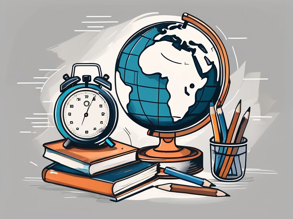 A globe with various educational tools like books