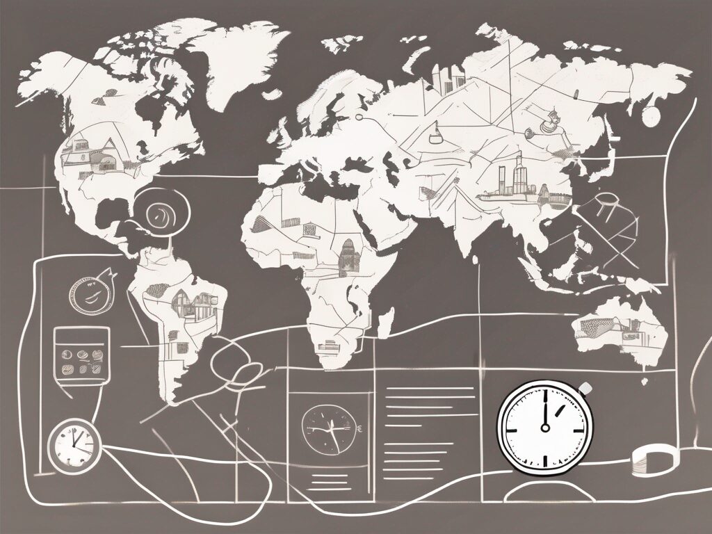 A global map with symbolic icons of a pencil and a stopwatch hovering over various international schools