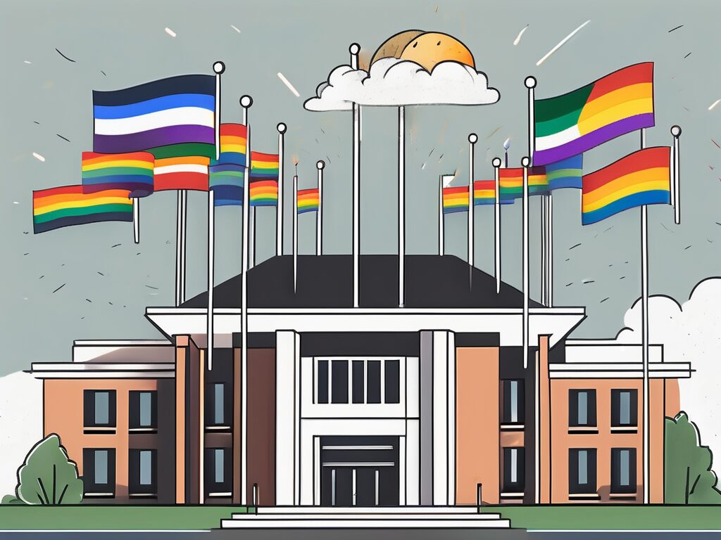 A school building with flags from different countries