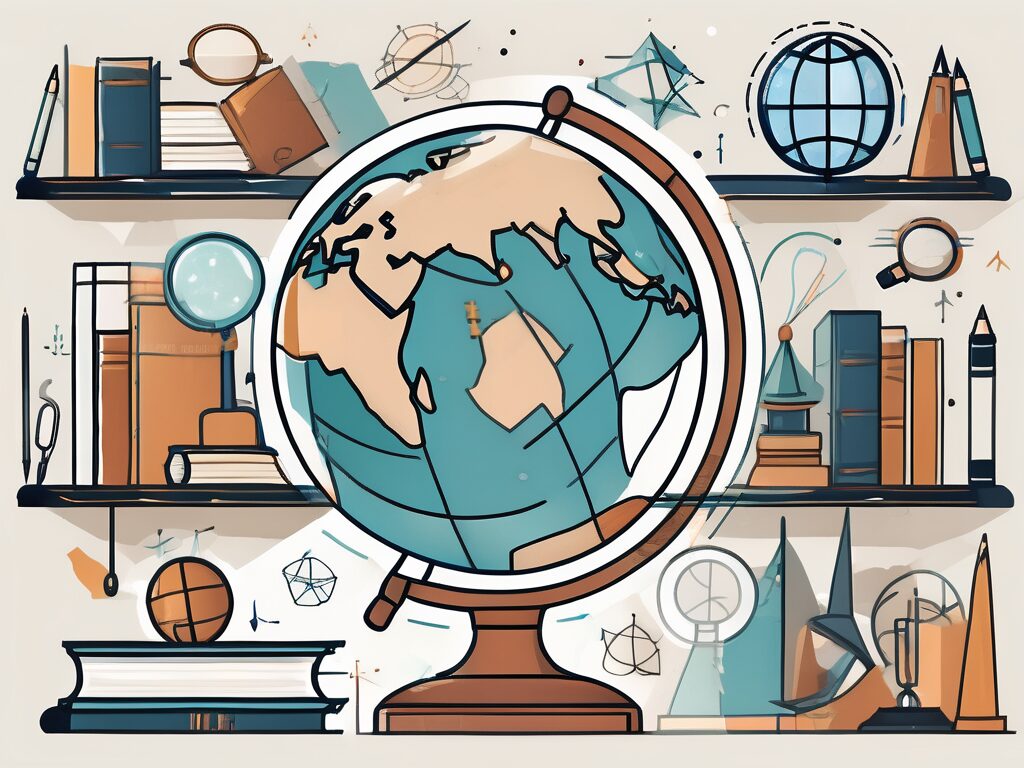 A globe surrounded by various educational tools like books