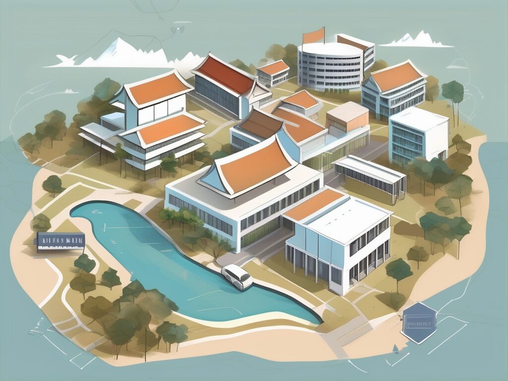 A variety of international school buildings scattered across a stylized map of thailand