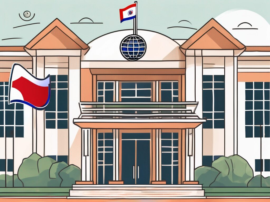 A school building with a thai flag