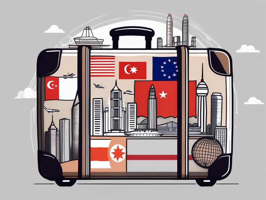 A suitcase adorned with various international flags