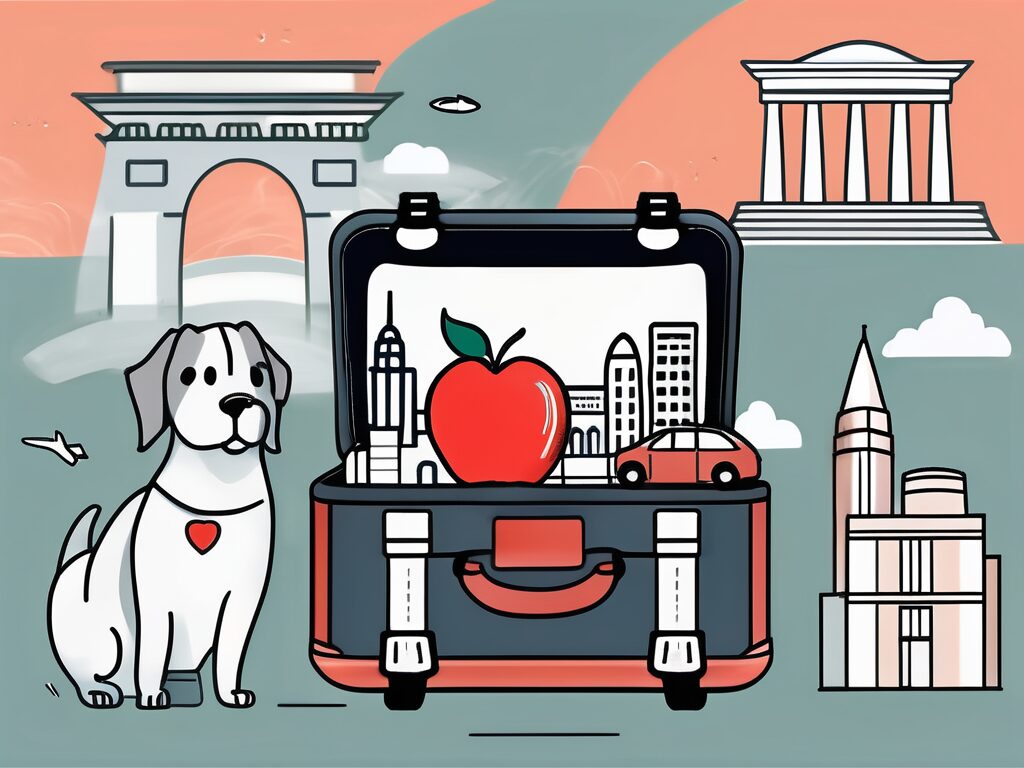 A pet carrier with travel stickers