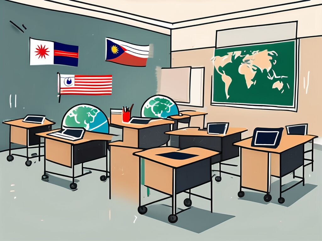 A classroom setting with various international flags