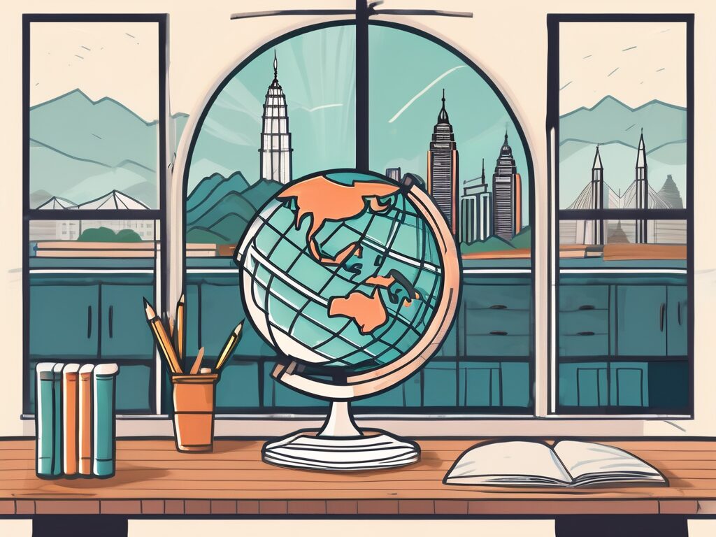 A classroom setting with a globe