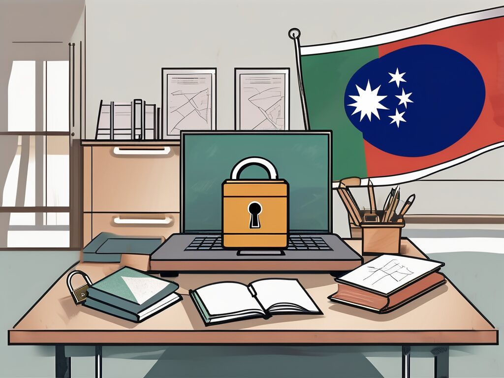 A classroom setting with a symbolic lock being opened on a teacher's desk