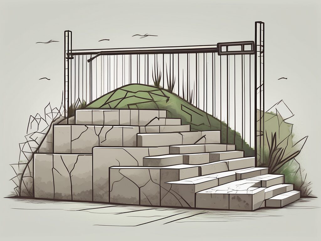 A broken boundary wall with six different obstacles such as a locked gate