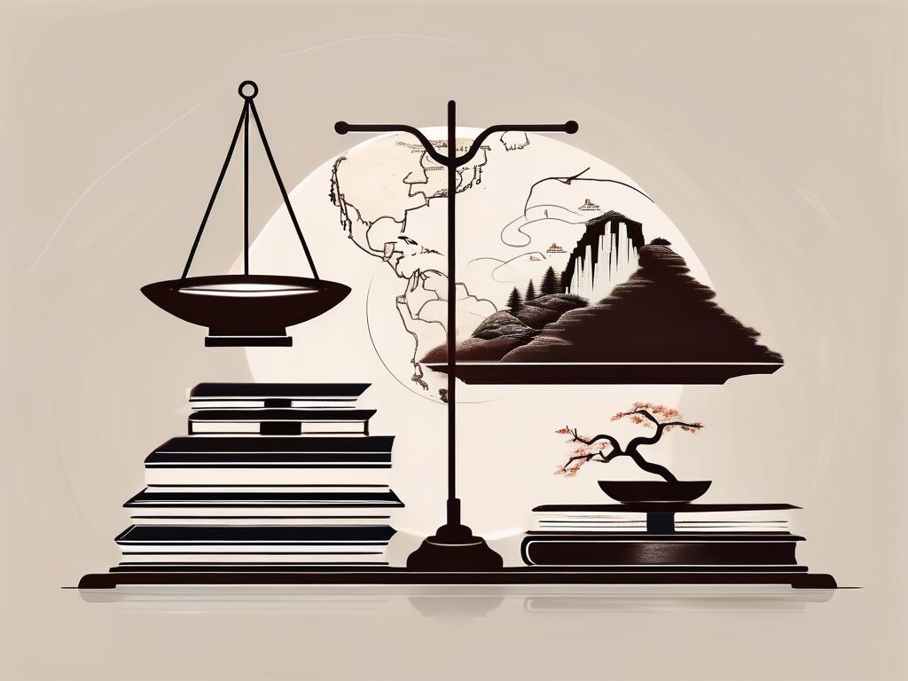 A balanced scale with books on one side and a silhouette of the chinese landscape on the other